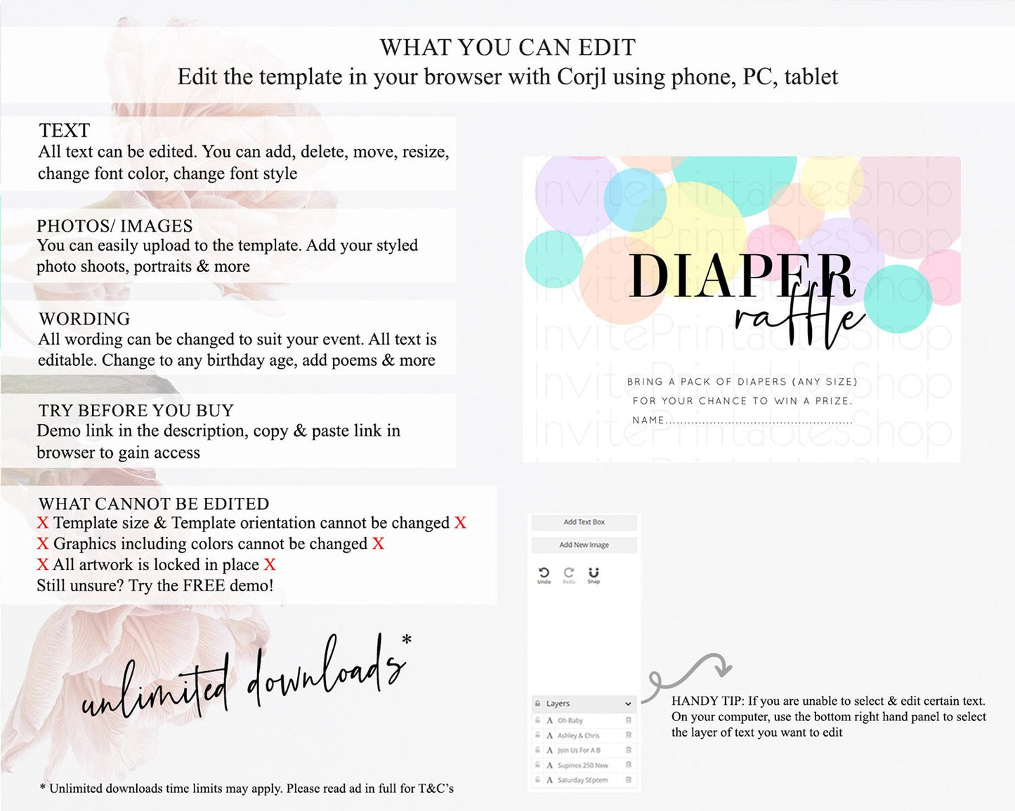 Pastel Diaper Raffle Card Pastel Rainbow Diaper Raffle Insert Colorful Ombre Watercolor Diaper Ticket Confetti Glitter Raffle Game D10223