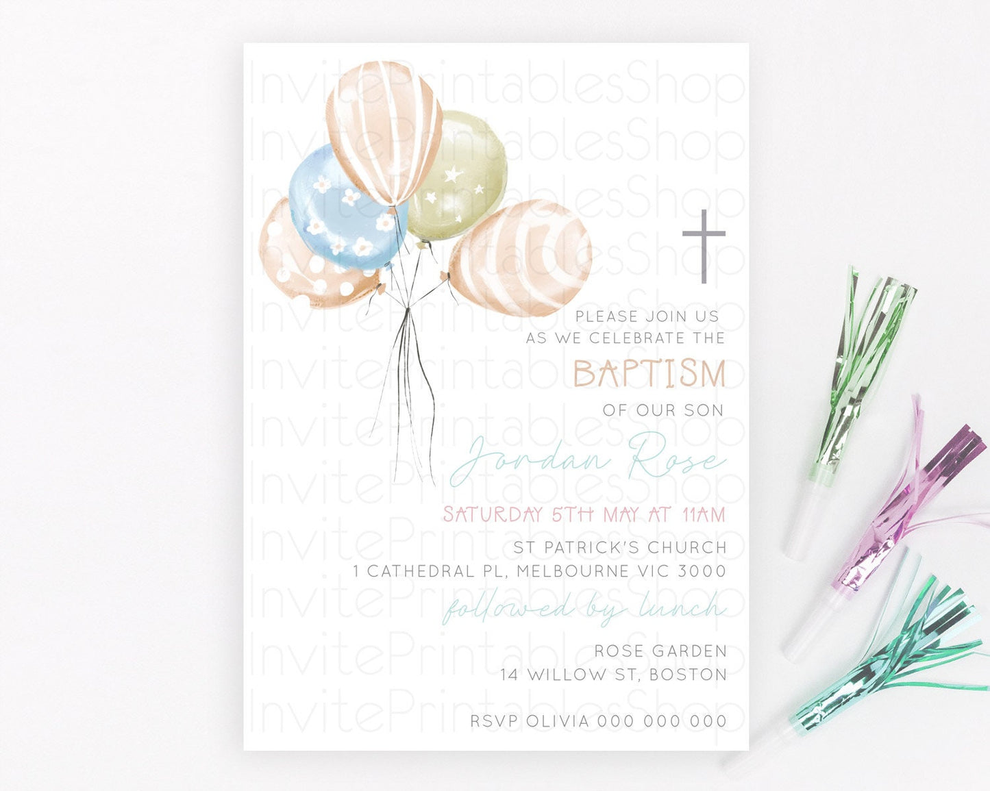 Balloon Baptism Invitation Pastel Baptism 1st Birthday Invitation Pastel Balloon Christening Invite Colorful Rainbow Balloon Invites D22999