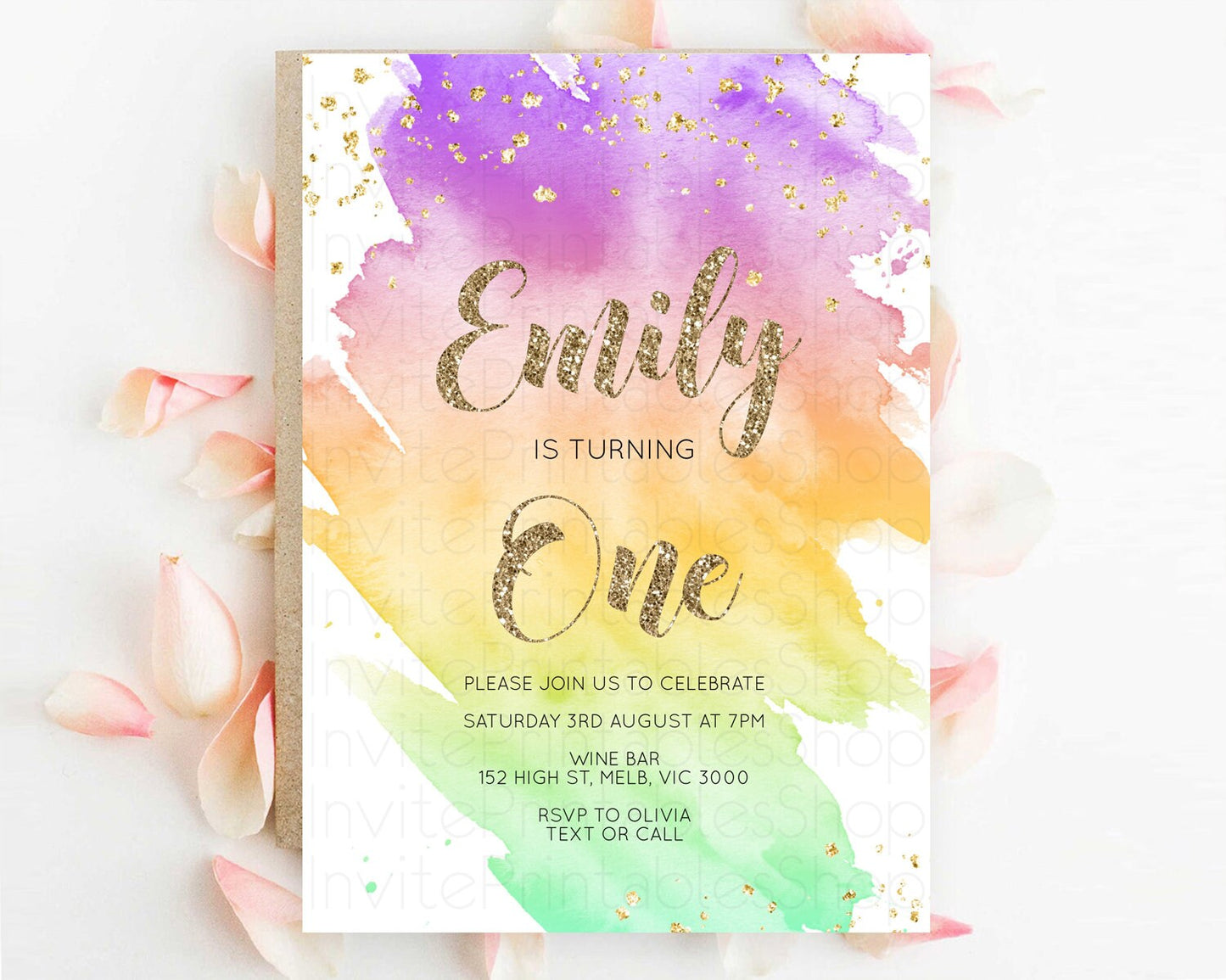 Rainbow Birthday Invitation Colorful Pastel Watercolor Invitation Gold Glitter Sprinkles Ombre Pastel 1st 2nd 3rd Birthday D10517