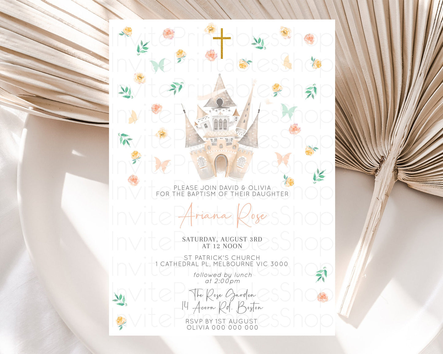 Princess Baptism Invitation Enchanted Castle Baptism 1st Birthday Invitation Royal Party Pastel Floral Secret Garden Christening D10363