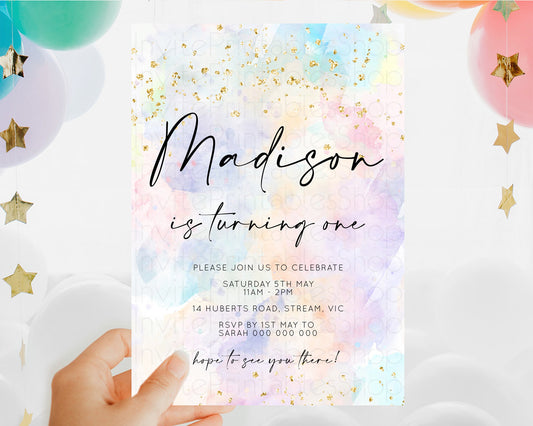 Rainbow Birthday Invitation Colorful Pastel Watercolor Invitation Gold Glitter Sprinkles Ombre Pastel 1st 2nd 3rd Birthday D10605