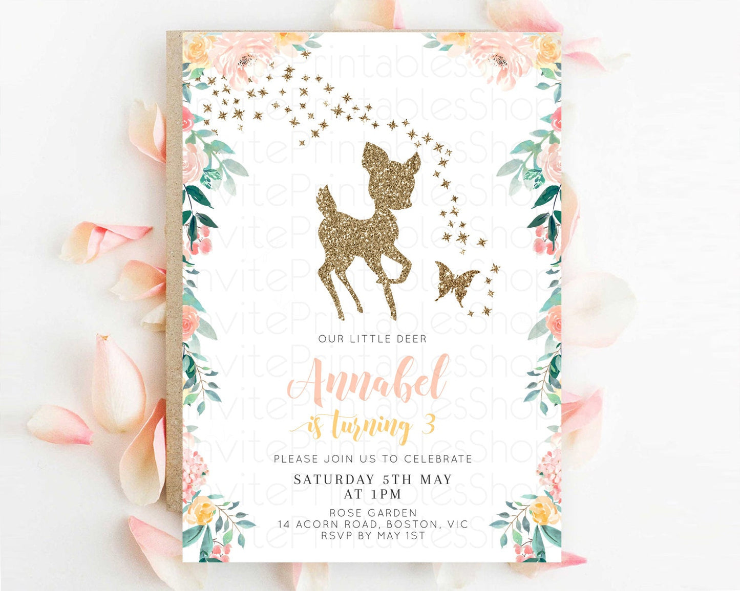 Fawn Birthday Invitation Deer Birthday Invitation Enchanted Forest Party Butterfly Pastel Flowers Whimsical 2nd 1st First Birthday D10874