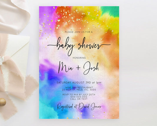 Pastel Baby Shower Invitation Rainbow Baby Shower Invitation Colorful Pastel Watercolor Invitation Gold Glitter Sprinkles Ombre D10530