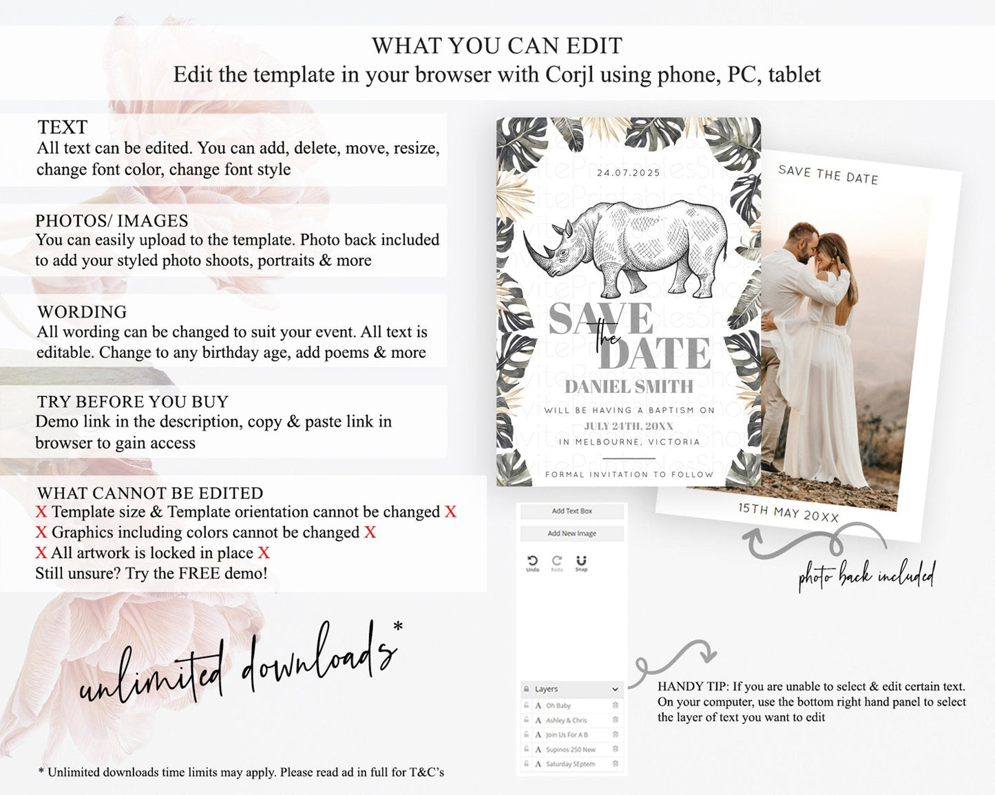 Rhino Save The Date Template Rhino Party Save The Date Safari Adventure Rhino Minimal Theme For 1st Birthday Baptism Baby Shower D10826