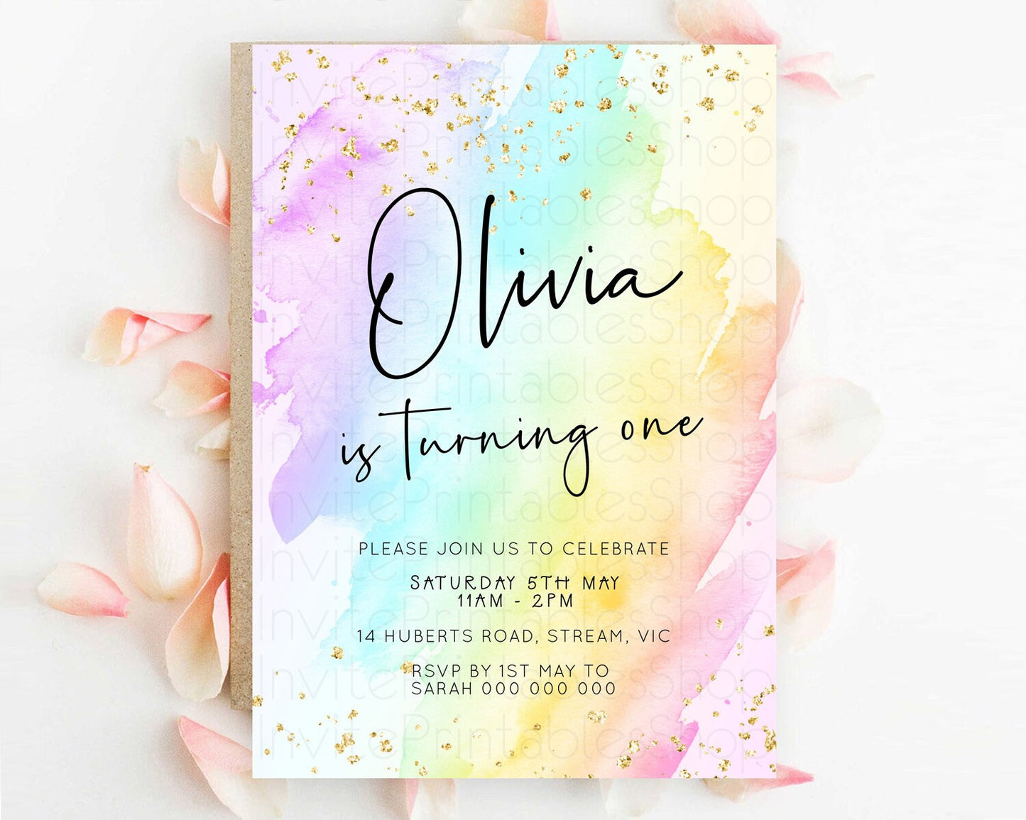 Pastel Birthday Invitation Ombre Watercolor Birthday Invitation Glitter Rainbow Color Splash 1st 2nd 3rd Birthday Invitation D23055