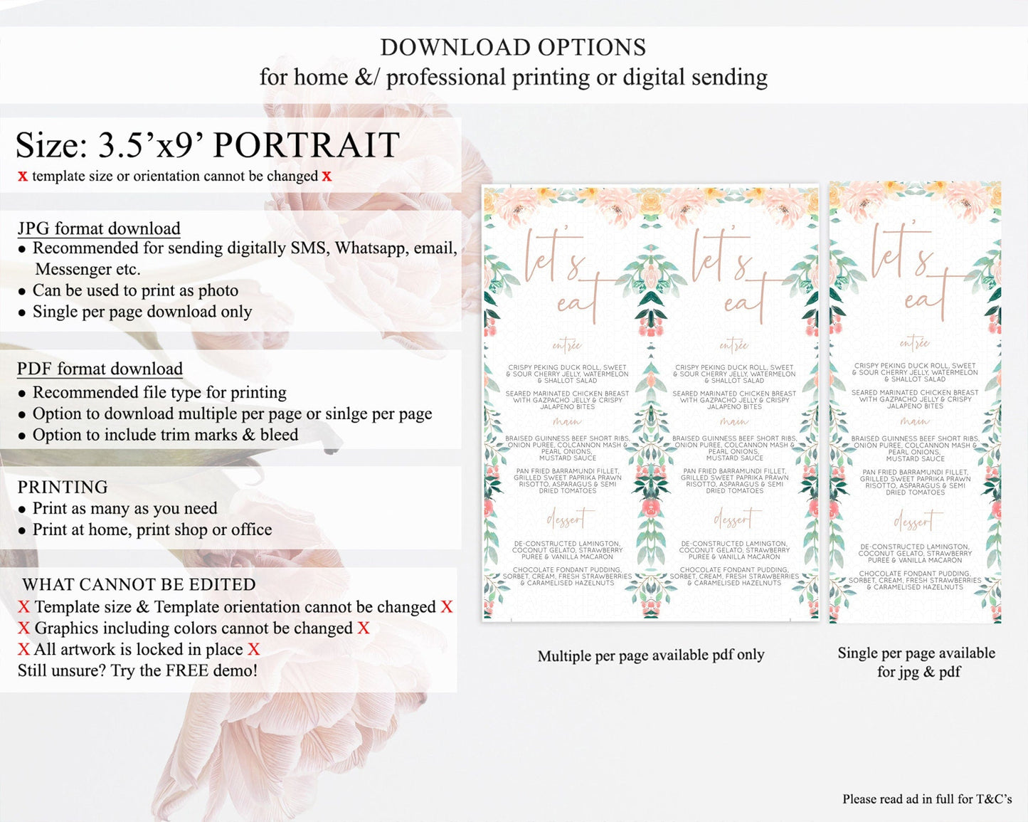 Secret Garden Menu Wildflower Menu Template Pastel Flower Garden Table Decor Boho Floral Dinner Dessert Floral Party Food Menu D10706