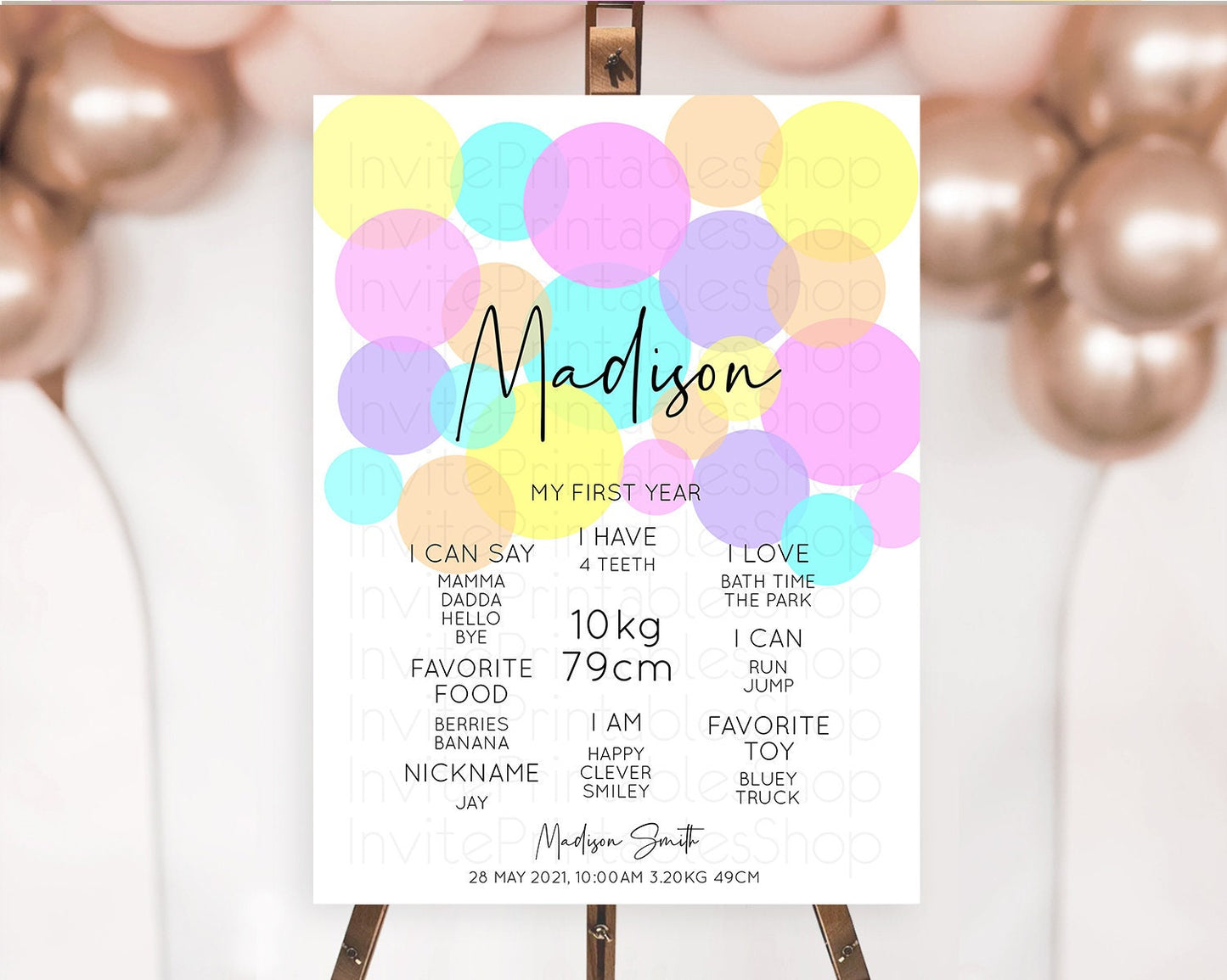 Pastel First Birthday Milestone Poster Pastel Rainbow Confetti First Birthday Milestone Board Colorful Bubbles Birthday Welcome Sign D10406