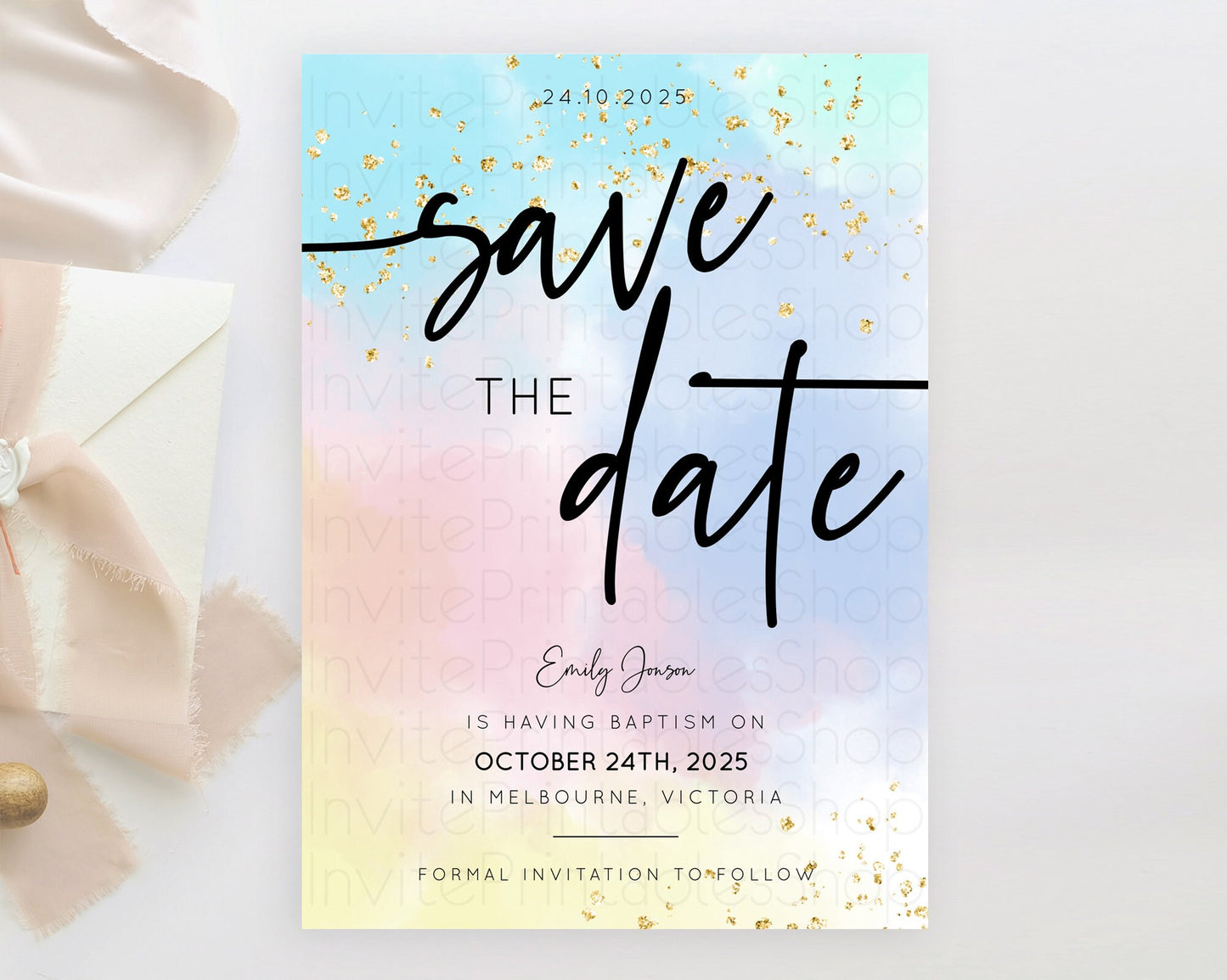 Editable Pastel Save The Date Template Pastel Ombre Rainbow Watercolor Color