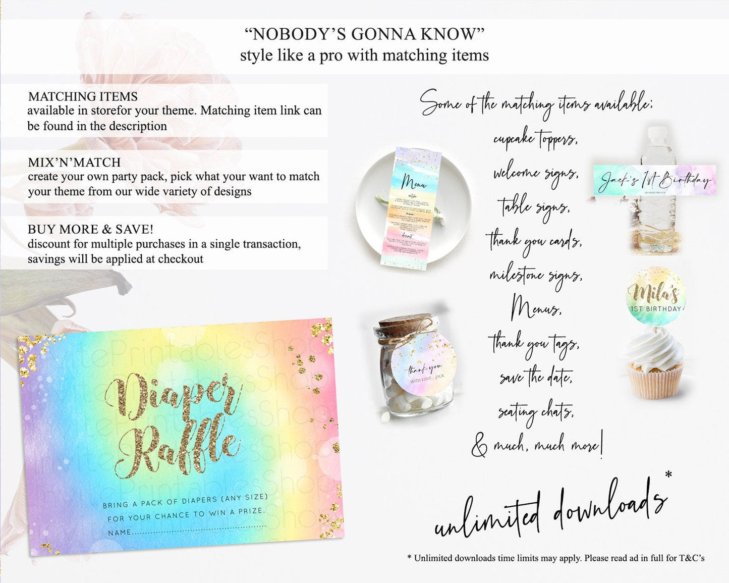 Tie Dye Diaper Raffle Card Rainbow Tie Dye Diaper Raffle Insert Pastel Rainbow Watercolor Diaper Ticket Tie Dye Colors Raffle Game D10568