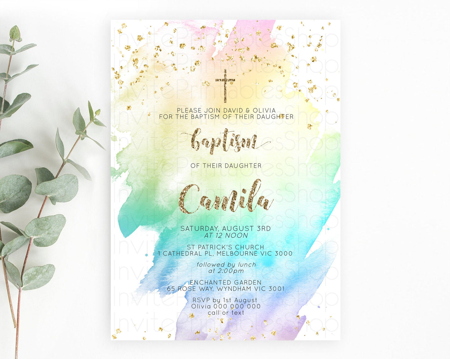 Pastel Baptism Invitation Pastel Colors Watercolor Baptism 1st Birthday Party Gold Ombre Pastel Rainbow Christening Holy Communion D10259