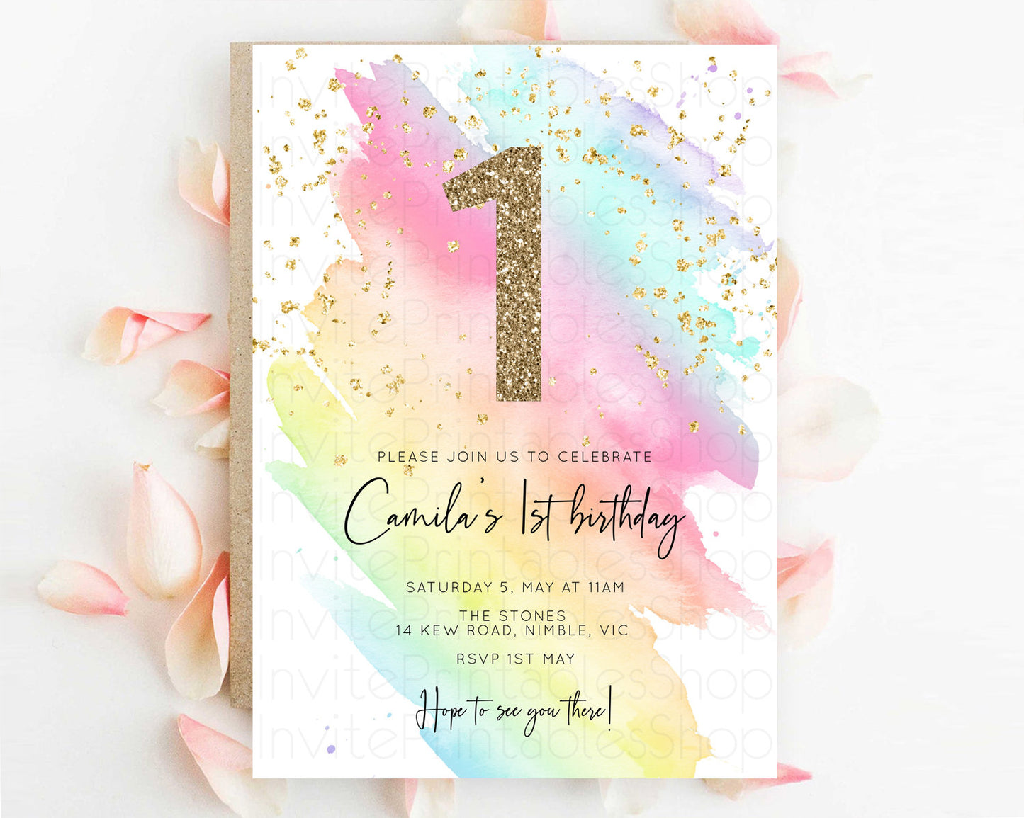 Rainbow Birthday Invitation Colorful Pastel Watercolor Invitation Gold Glitter Sprinkles Ombre Pastel 1st 2nd 3rd Birthday D10495