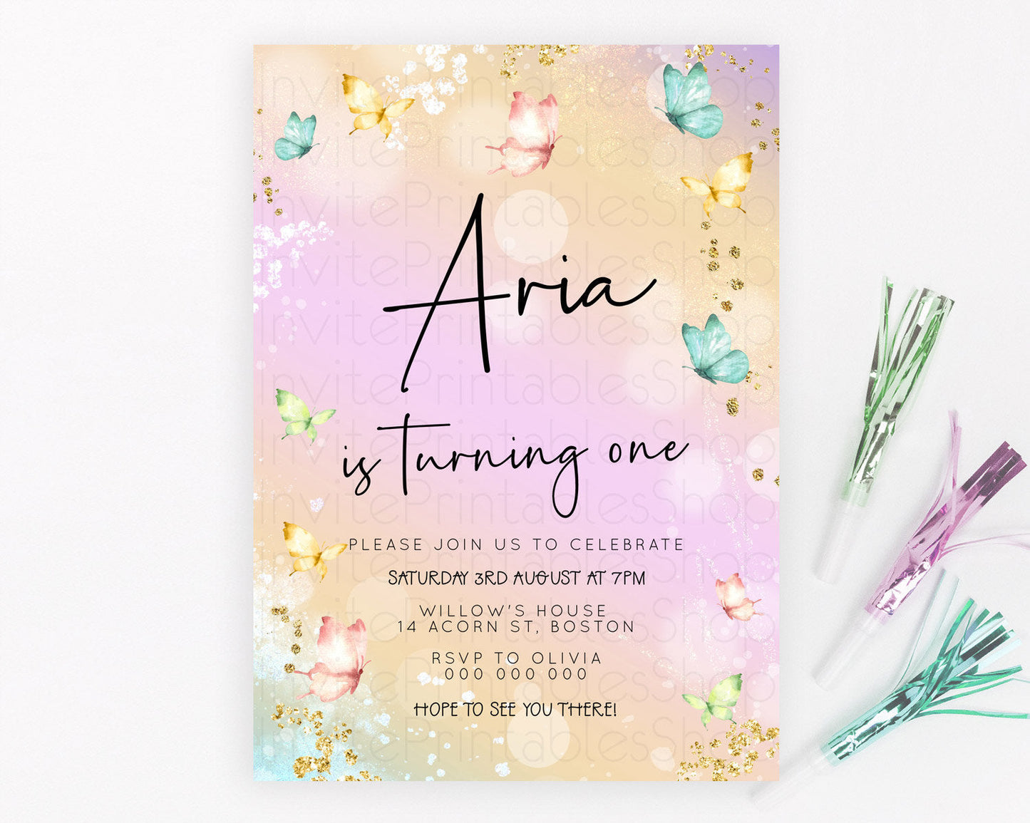 Pastel Butterfly Birthday Invitation Butterfly Birthday Invitation Whimsical Butterfly Enchanted Garden 1st 2nd Birthday Invitation D23140