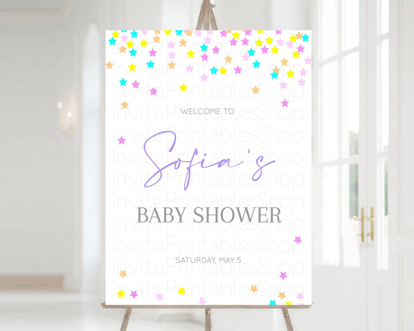 Star Baby Shower Welcome Board Pastel Stars Welcome Sign Shooting Star Rainbow Colorful Confetti Twinkle Little Star Welcome Sign D10397