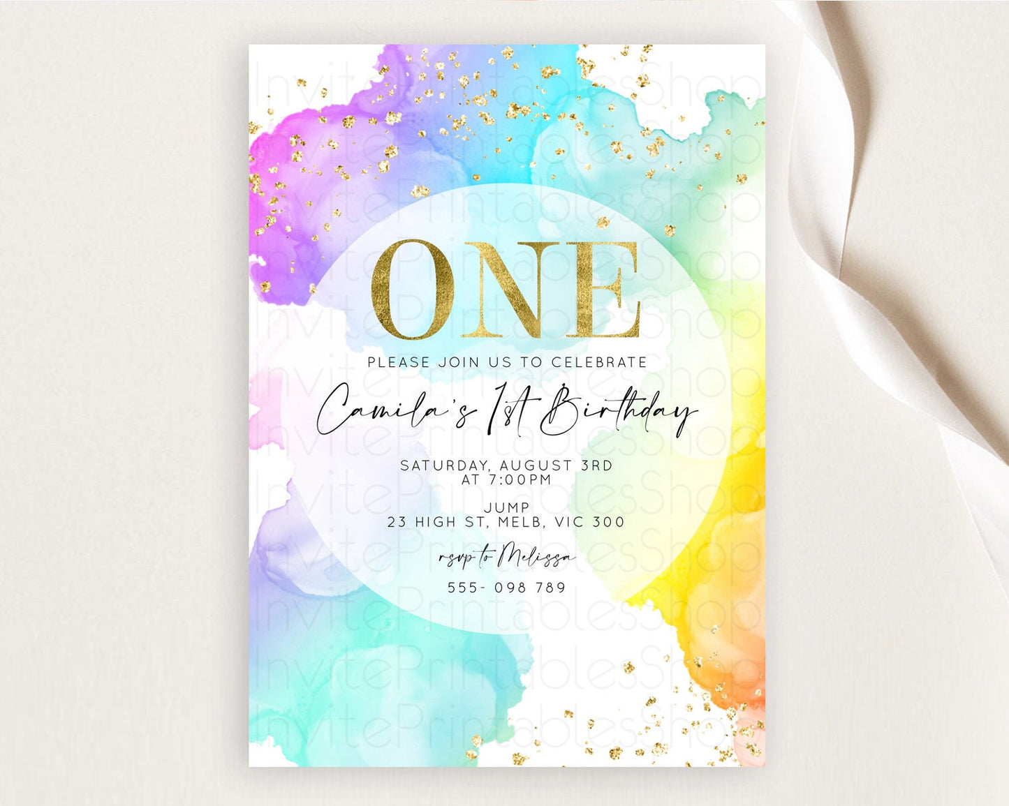 Rainbow Birthday Invitation Colorful Pastel Watercolor Invitation Gold Glitter Sprinkles Ombre Pastel 1st 2nd 3rd Birthday D10213