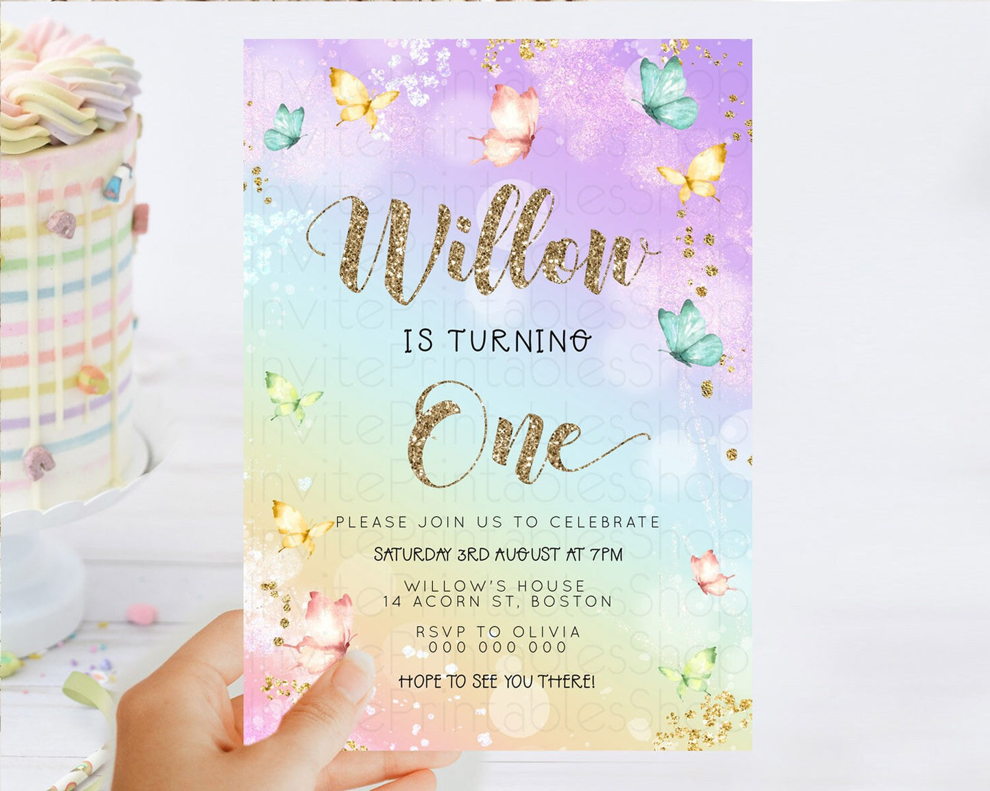 Pastel Butterfly Birthday Invitation Butterfly Birthday Invitation Colorful Splash Glitter Butterfly Garden 1st 2nd Birthday D23089