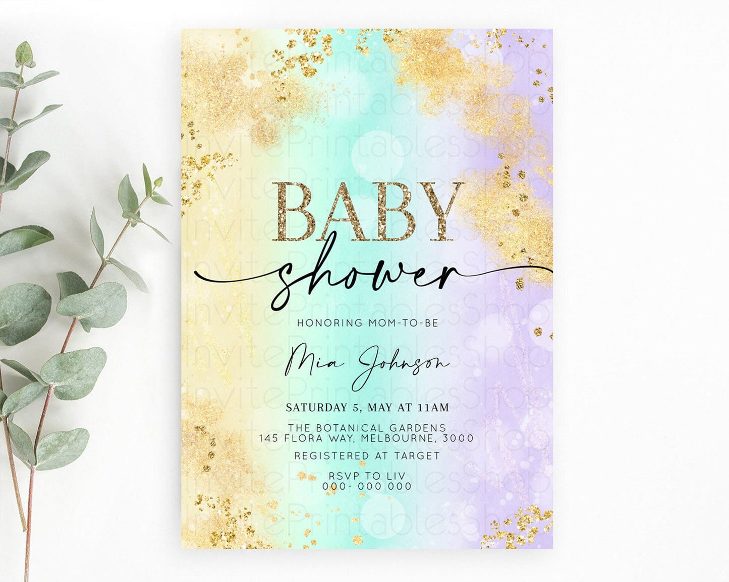 Pastel Baby Shower Invitation Rainbow Baby Shower Invitation Colorful Pastel Watercolor Invitation Gold Glitter Sprinkles Ombre D10672