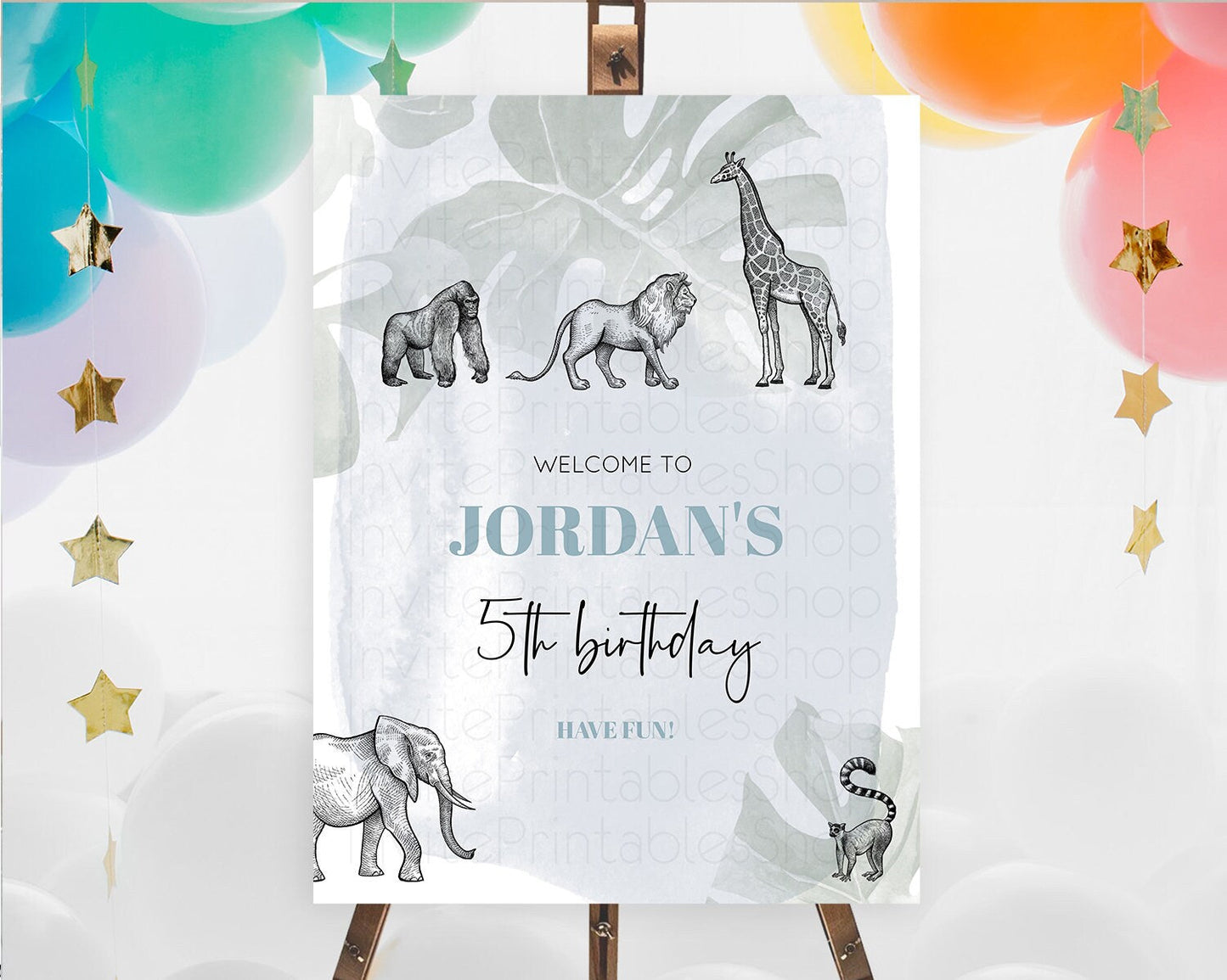 Safari Welcome Sign Safari Welcome Board Lion Gorilla Elephant Rhino Tropical Palm Zoo Party Decor First Birthday Welcome Sign D10821