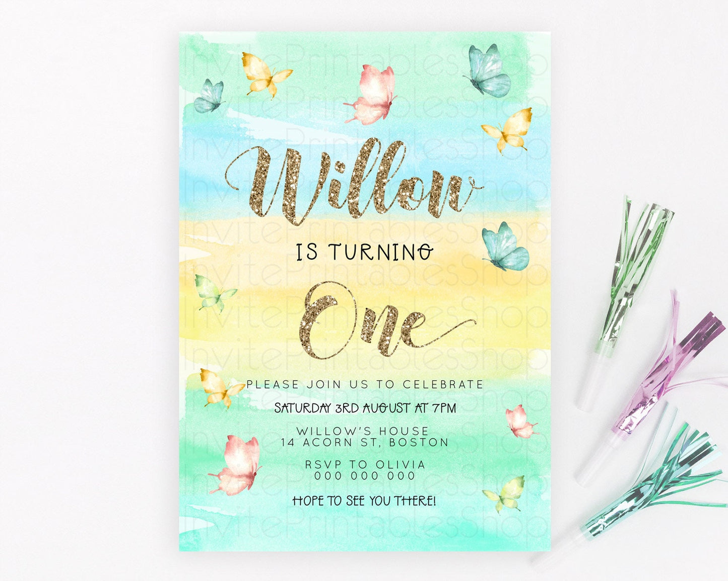 Pastel Butterfly Birthday Invitation Butterfly Birthday Invitation Colorful Splash Glitter Butterfly Garden 1st 2nd Birthday D23222