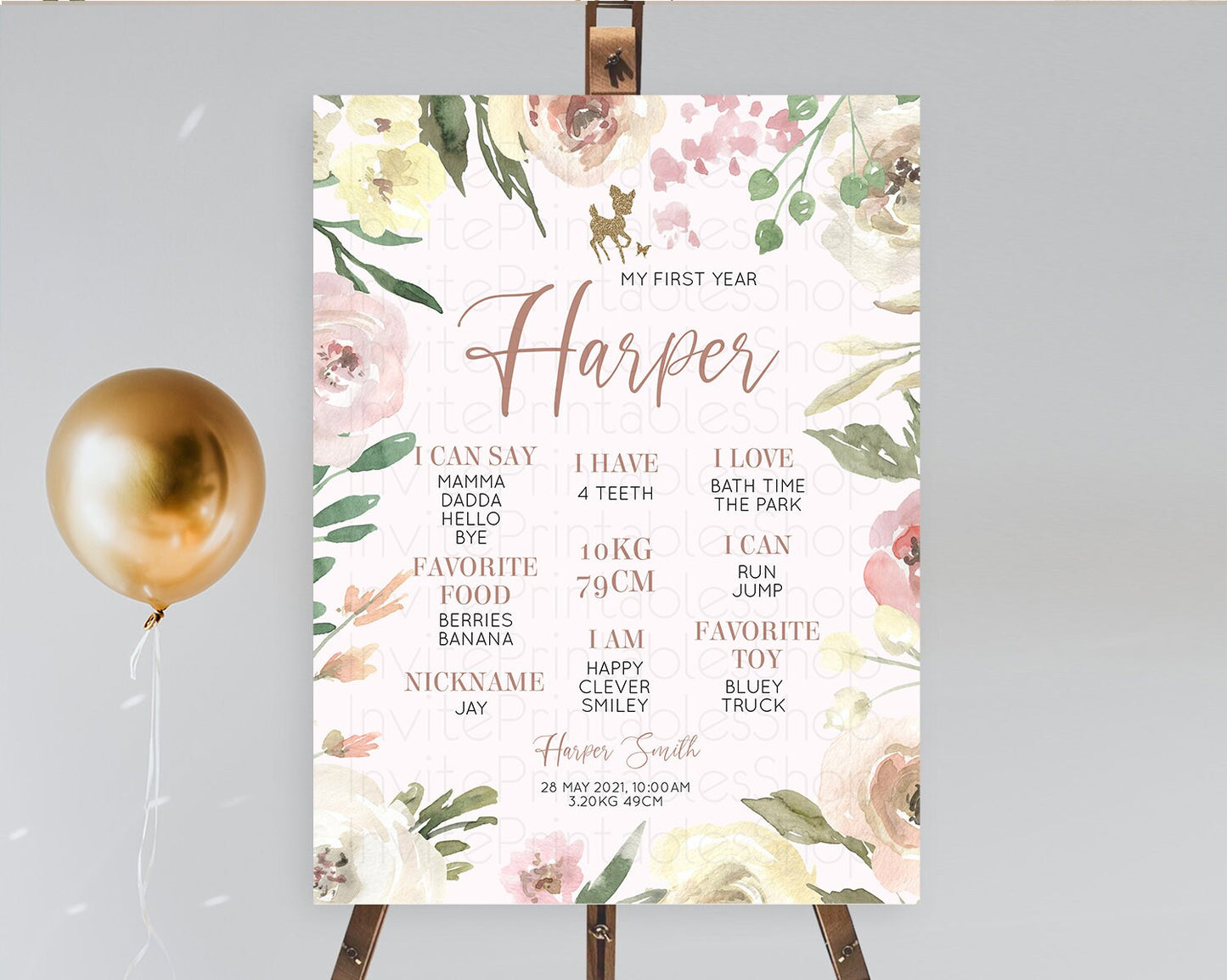 Fawn First Birthday Milestone Board Deer First Birthday Milestone Poster Enchanted Forest Butterfly Pastel Flowers 1st Birthday Sign D10193