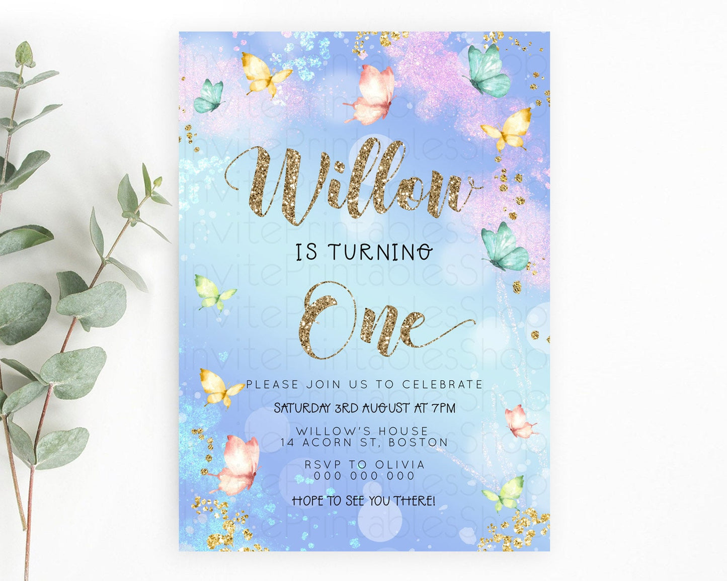 Pastel Butterfly Birthday Invitation Butterfly Birthday Invitation Colorful Splash Glitter Butterfly Garden 1st 2nd Birthday D23088