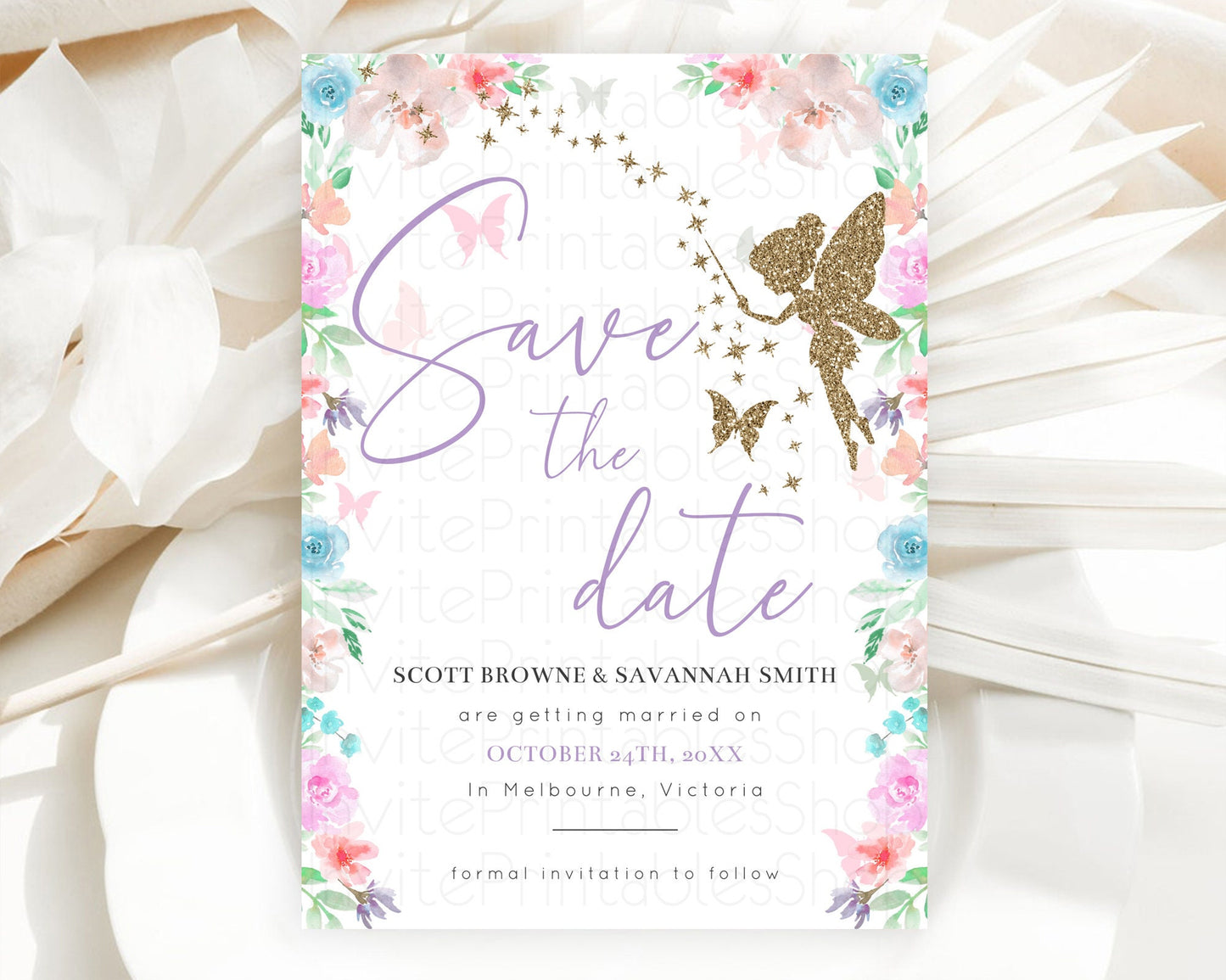 Fairy Save The Date Template Enchanted Garden Pastel Floral Butterfly Party Secret Garden Birthday Baptism Baby Shower Bridal Shower D10126