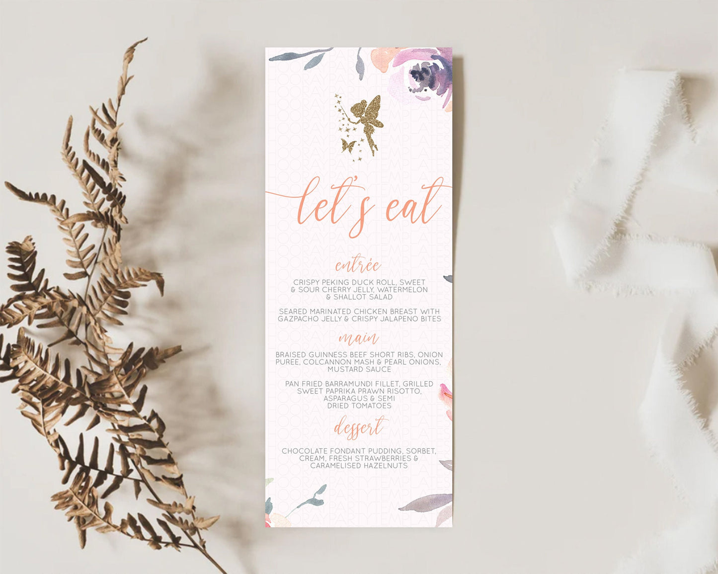 Fairy Menu Fairy Menu Template Enchanted Garden Pastel Floral Butterfly Table Décor Fairy Secret Garden Dinner Dessert Food Menu D10197