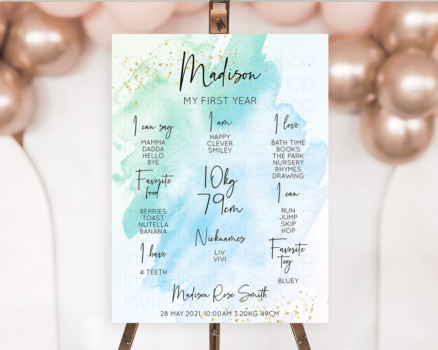 Blue First Birthday Milestone Poster Blue Watercolor Milestone Board Pastel Blue Watercolor Splash Milestone Board 1st Birthday Sign D10168