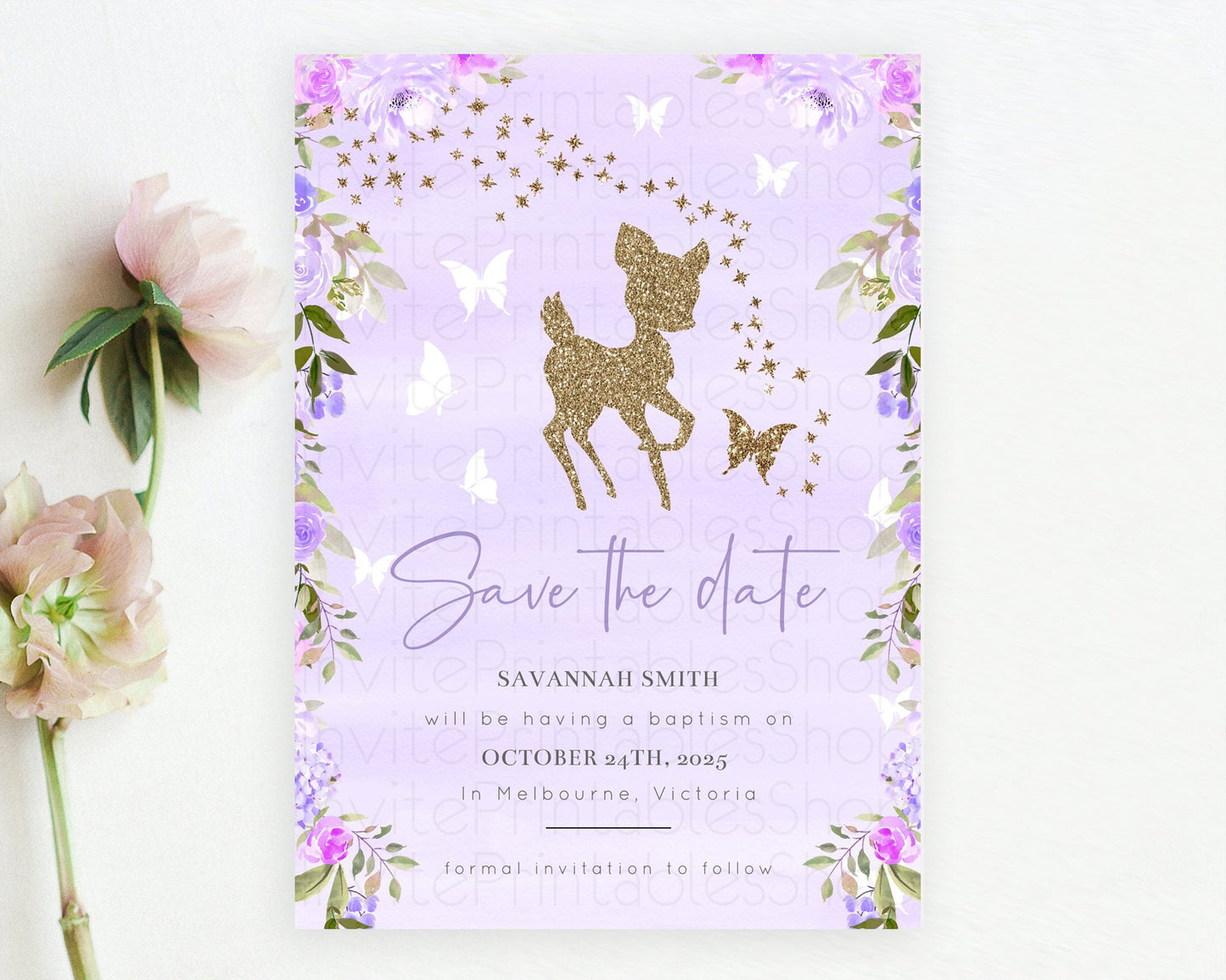 Fawn Deer Save The Date Template Pastel Floral Deer Enchanted Forest Butterfly Party 1st Birthday Baptism Baby Shower Bridal Shower D10963