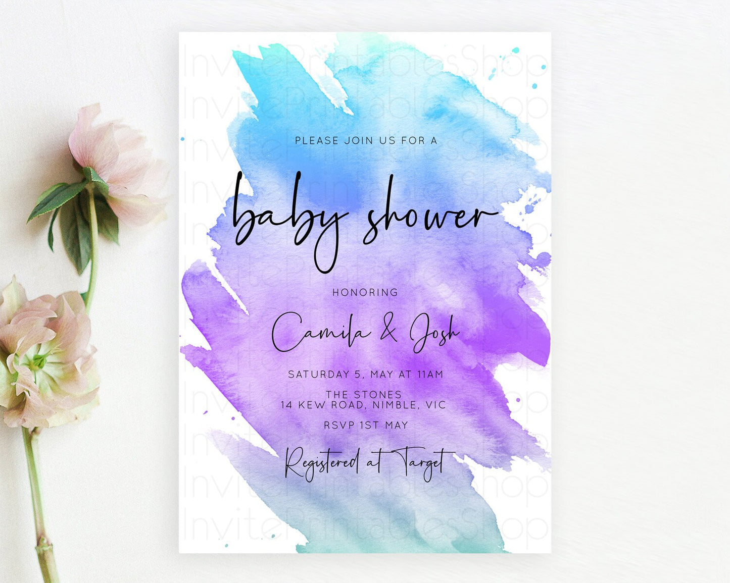 Pastel Baby Shower Invitation Rainbow Baby Shower Invitation Colorful Pastel Watercolor Invitation Gold Glitter Sprinkles Ombre D10491