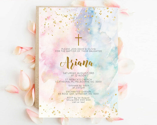 Rainbow Baptism Invitation Pastel Christening Invitation Holy Communion Invitation Glitter Watercolor Splash Invitation Colorful Invite 276