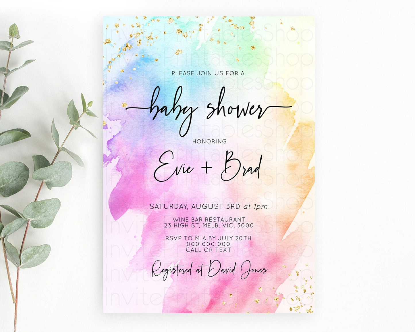 Pastel Baby Shower Invitation Rainbow Baby Shower Invitation Colorful Pastel Watercolor Invitation Gold Glitter Sprinkles Ombre D10449