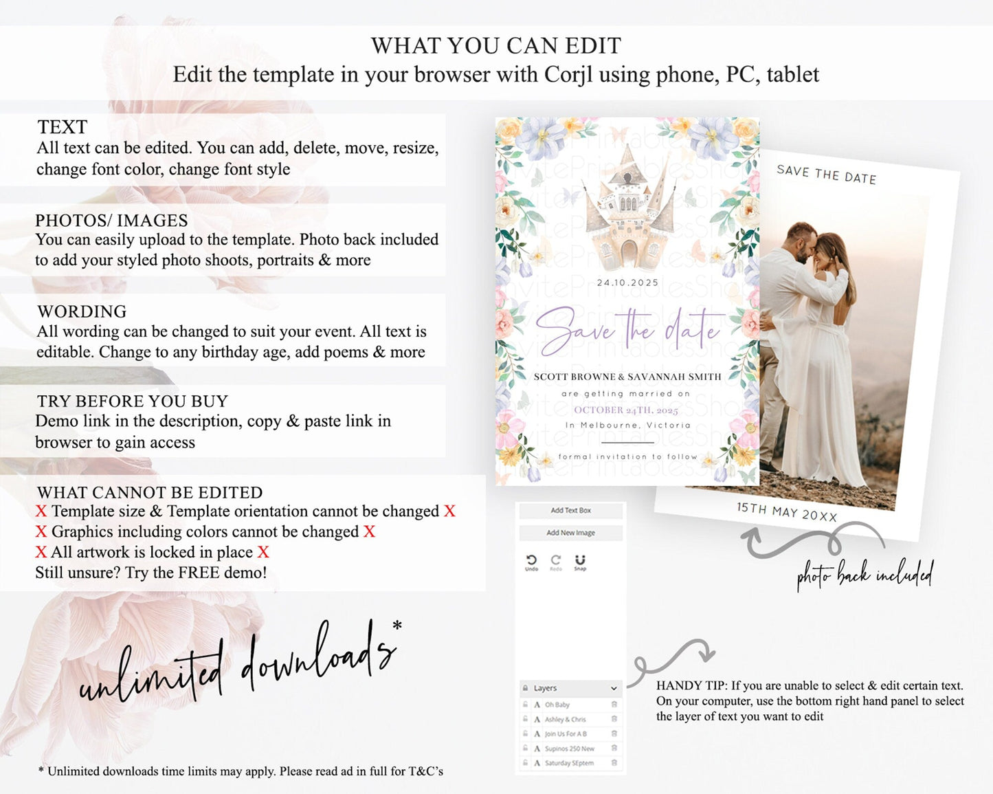 Princess Save The Date Template Secret Garden Enchanted Castle Pastel Floral Royal Party For 1st Birthday Baptism Baby Shower D10473