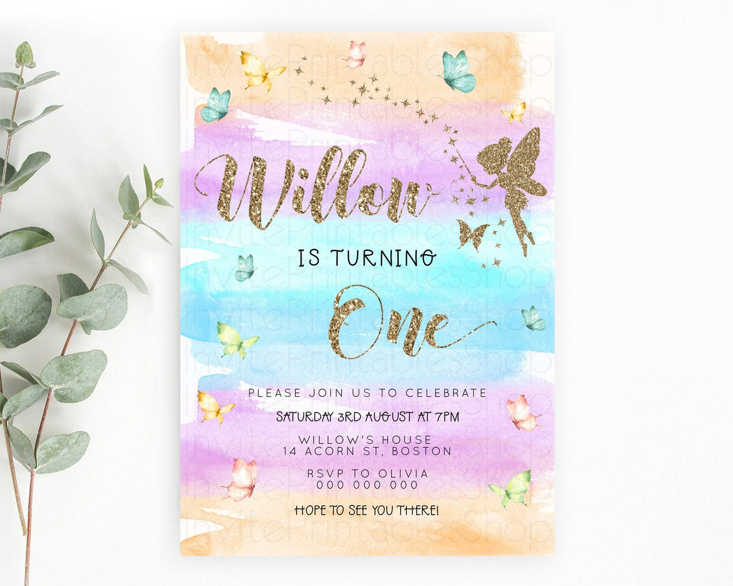 Pastel Fairy Birthday Invitation Pastel Butterflies Fairy Birthday Invitation Rainbow Ombre Watercolor 1st 2nd Birthday Invitation D23319