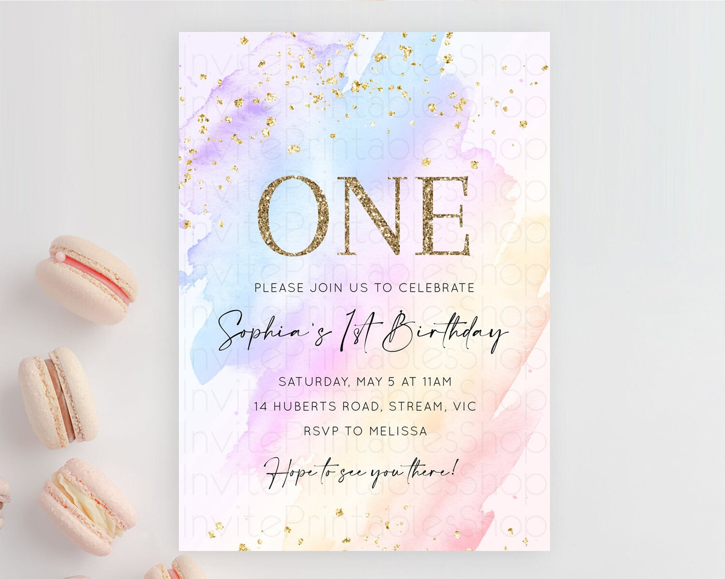 Rainbow Birthday Invitation Colorful Pastel Watercolor Invitation Gold Glitter Sprinkles Ombre Pastel 1st 2nd 3rd Birthday D10635