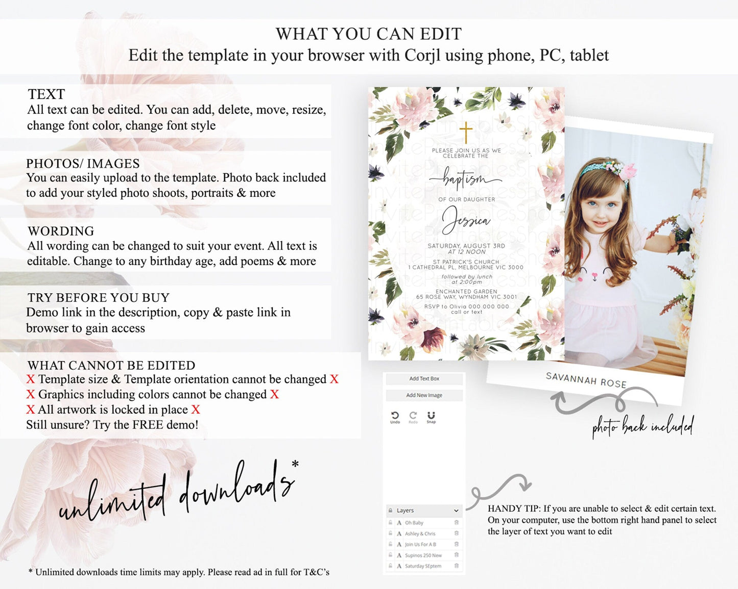 Secret Garden Baptism Invitation Wildflower Baptism Birthday Invite Pastel Flowers Christening Invite Enchanted Garden Boho Floral D10538