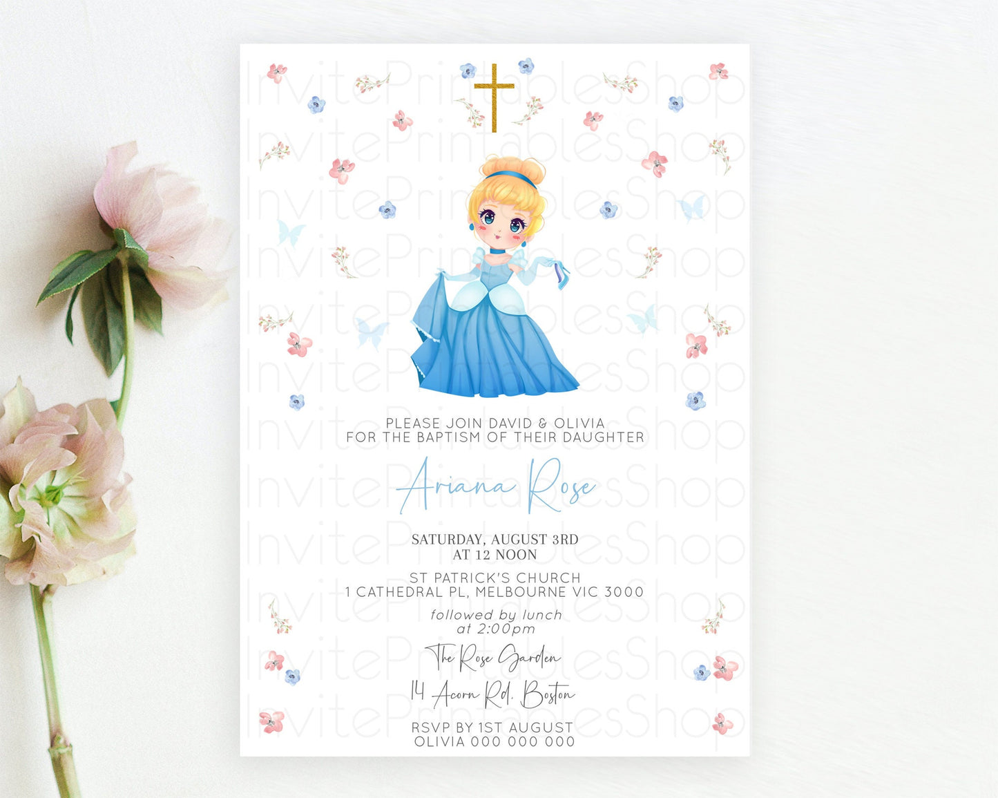 Princess Baptism Invitation Enchanted Castle Baptism 1st Birthday Invitation Royal Party Pastel Floral Secret Garden Christening D10354