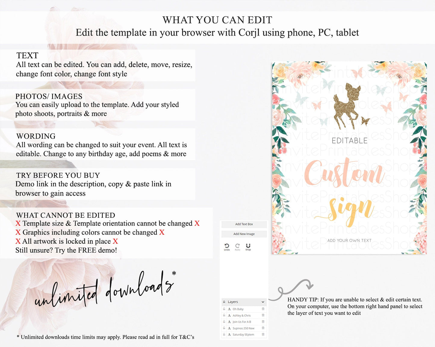Fawn Deer Sign Pastel Floral Deer Table Sign Decor Enchanted Forest Butterfly Party 1st Birthday Baptism Baby Shower Bridal Shower D10874