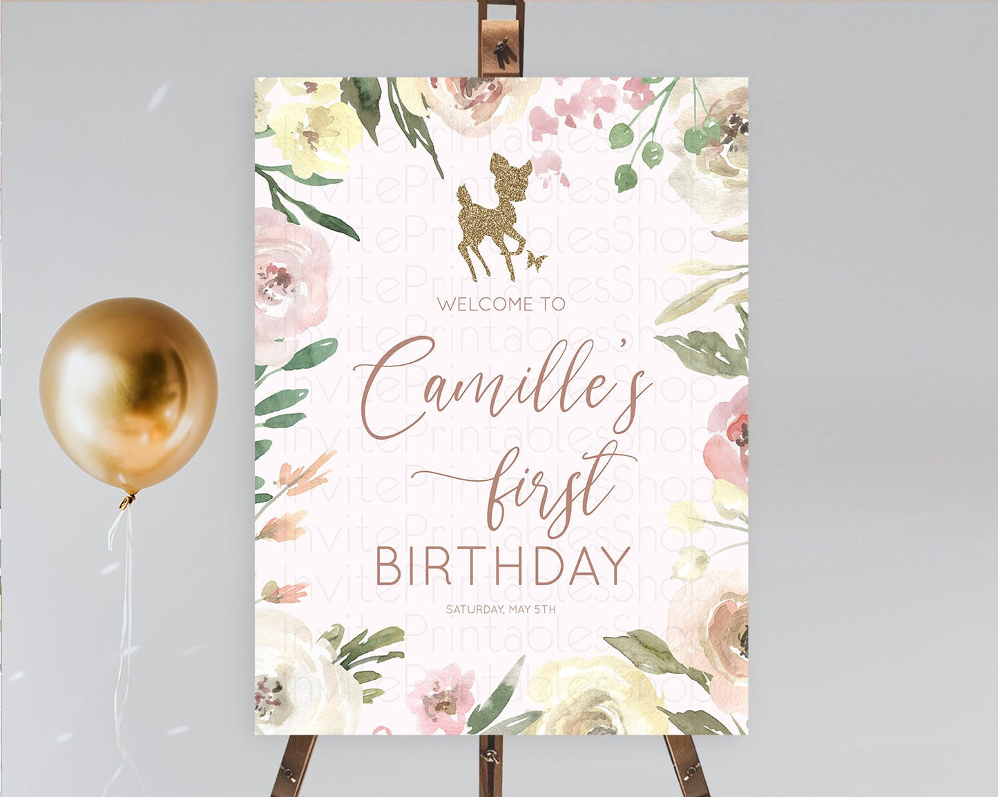 Fawn Welcome Sign Deer Welcome Board Floral Deer Welcome Poster Enchanted Forest Butterfly Pastel Floral First Birthday Welcome Sign D10193