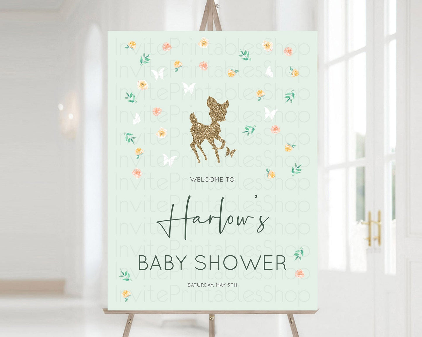 Fawn Baby Shower Welcome Sign Deer Welcome Board Floral Deer Welcome Poster Enchanted Forest Butterfly Pastel Floral Welcome Sign D10385