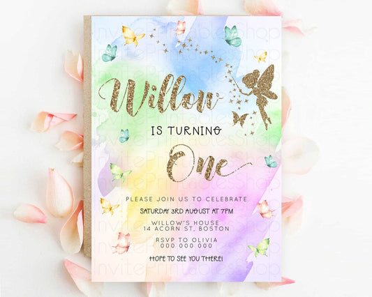 Pastel Fairy Birthday Invitation Pastel Butterflies Fairy Birthday Invitation Rainbow Ombre Watercolor 1st 2nd Birthday Invitation D23351