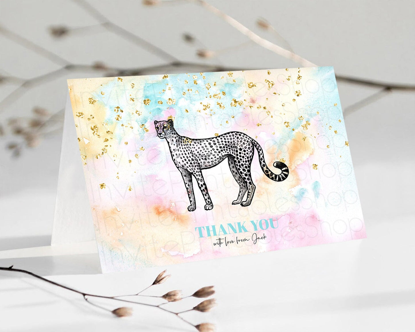 Pastel Cheetah Thank You Rainbow Cheetah Thank You Card Colorful Rainbow Birthday Thank You Pastel Teacher Thank You Card Template D10289