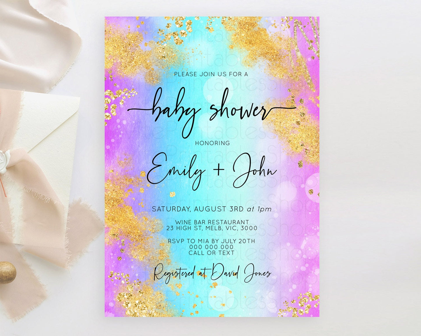 Pastel Baby Shower Invitation Rainbow Baby Shower Invitation Colorful Pastel Watercolor Invitation Gold Glitter Sprinkles Ombre D10564