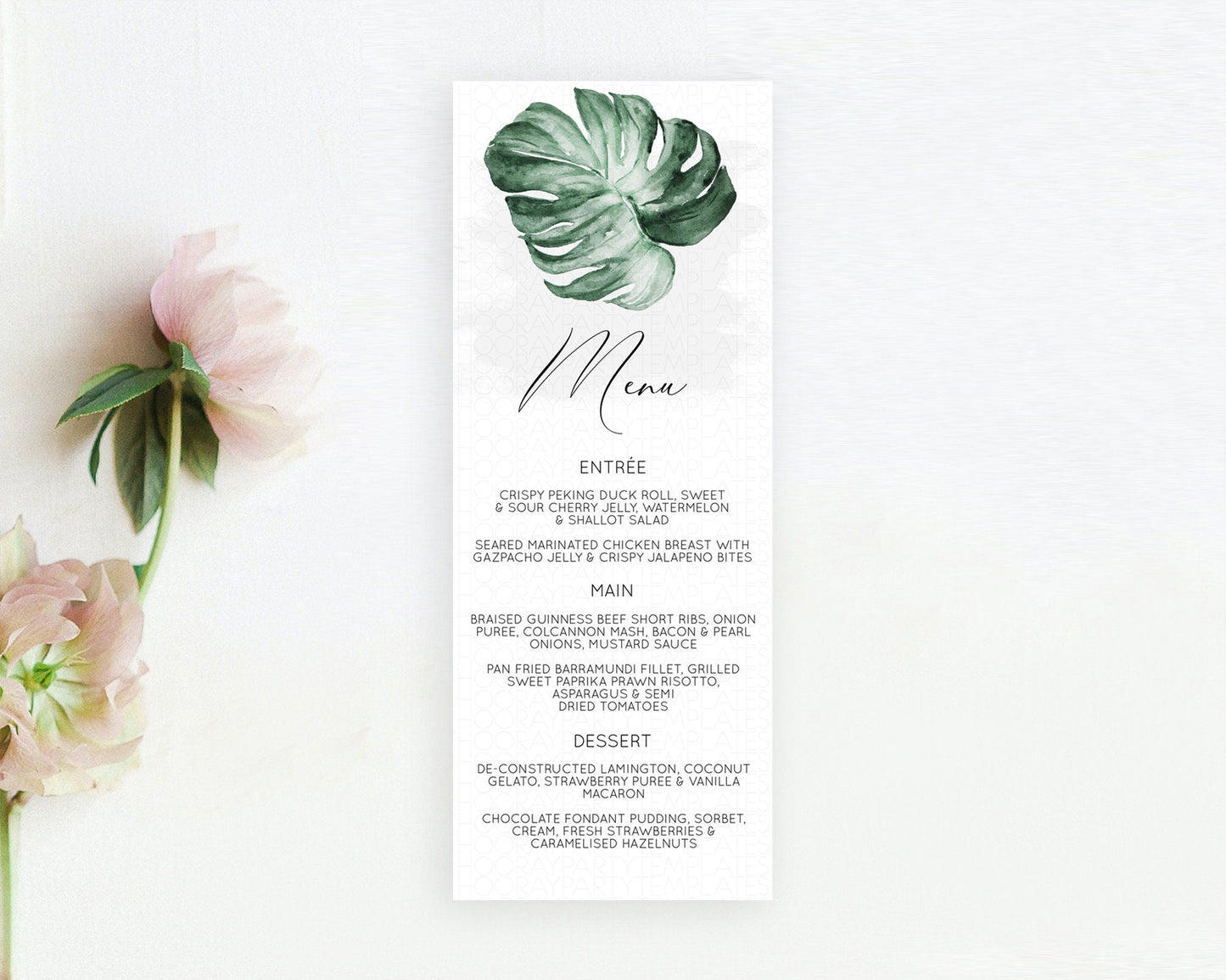 Tropical Menu Template Tropical Menu Palm Leaf Fern Table Decor Frangipani Floral White Orchid Dinner Dessert Menu Party Food Menu D11041