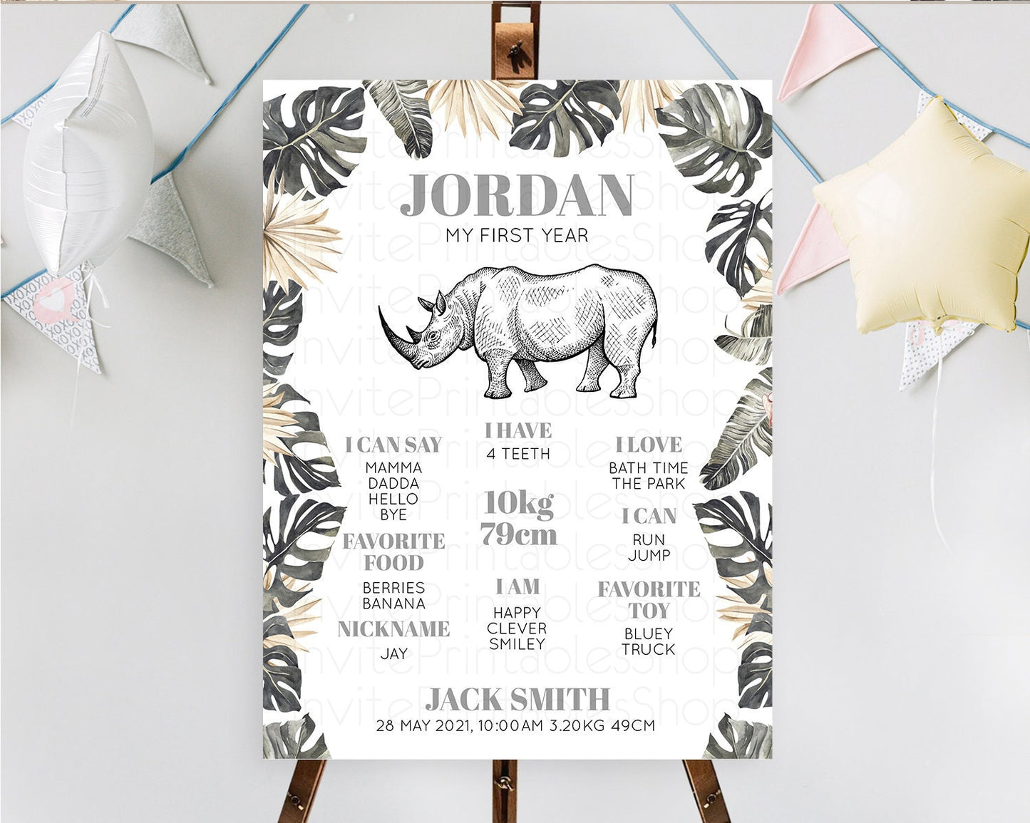 Rhino First Birthday Milestone Board Rhino Milestone Poster Rhino Decor Safari Adventure Rhino First Birthday Welcome Sign D10826