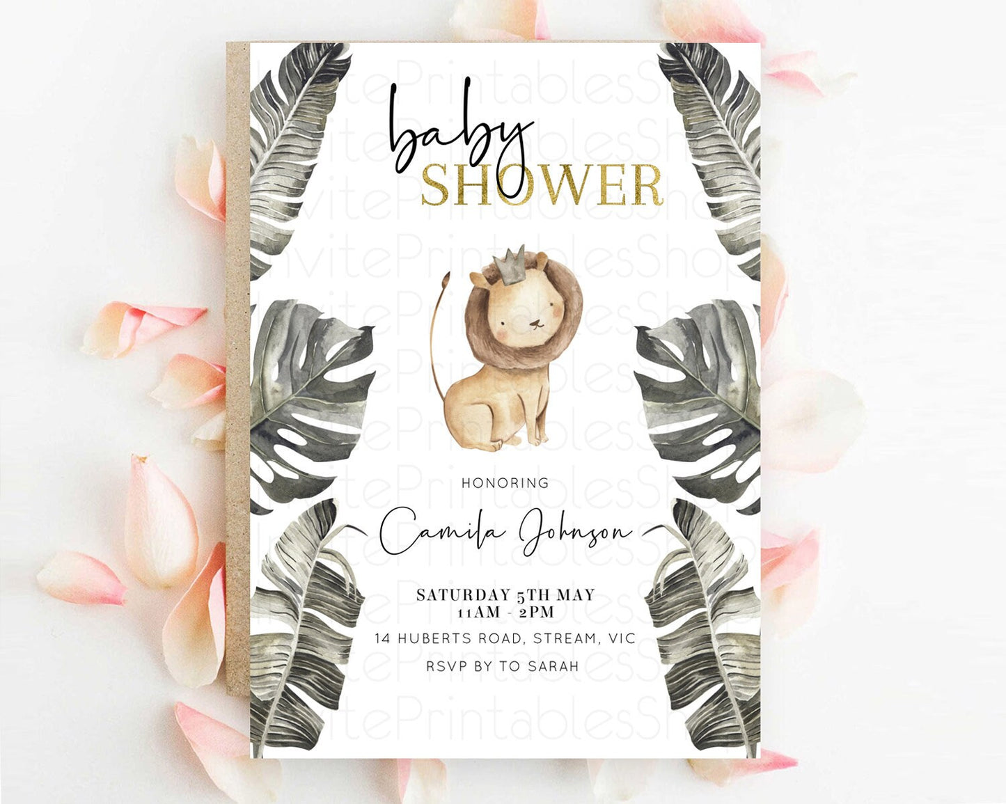 Safari Baby Shower Invitation Baby Lion Gorilla Elephant Rhino Invitation Tropical Palm Jungle Safari Adventure Baby Animals D10599