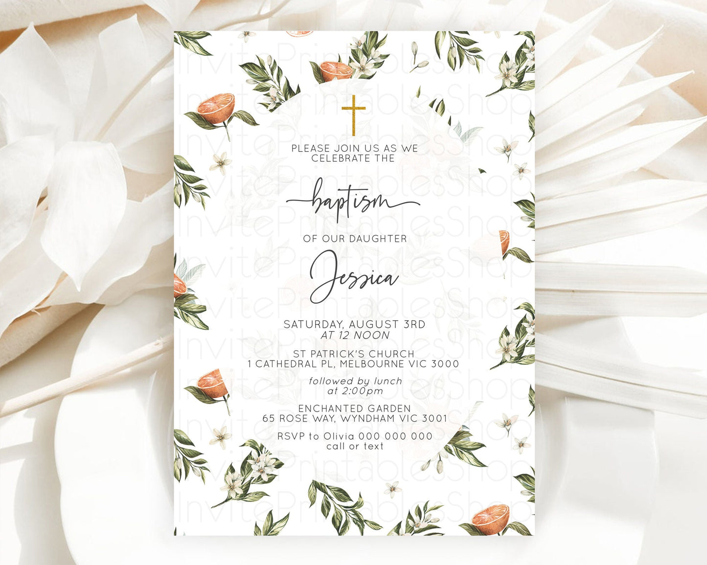 Citrus Baptism Invitation Lemon Orange Baptism 1st Birthday Invitation Citrus Garden Christening Invitation Citrus Floral Religious  D10545