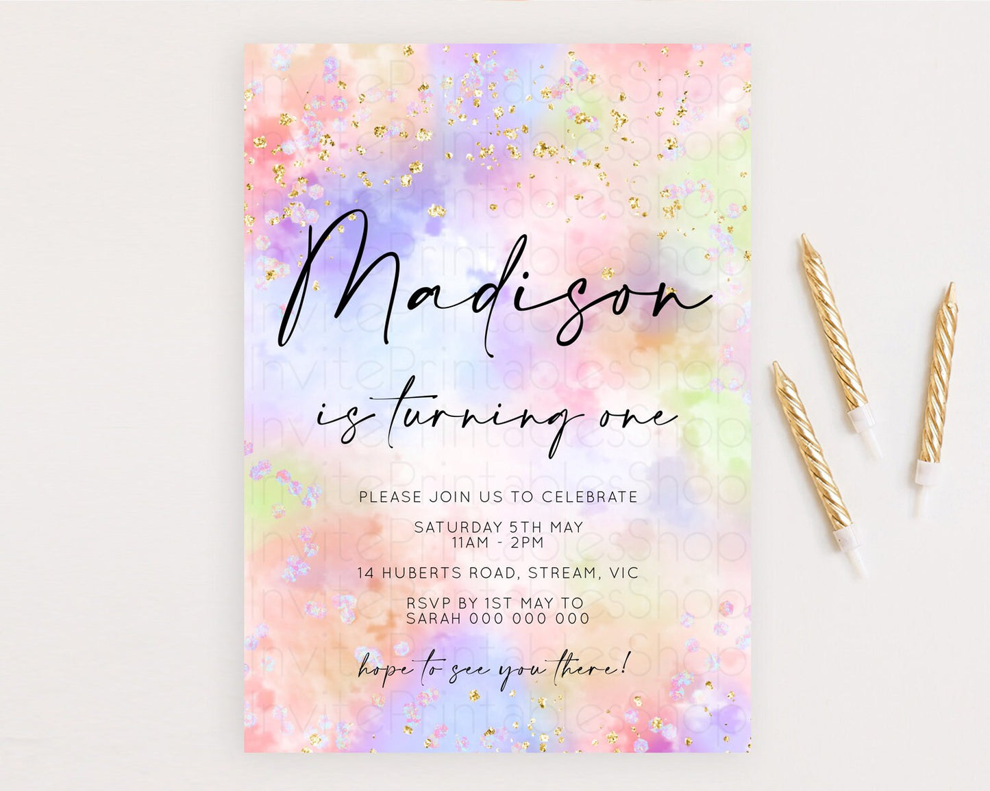 Rainbow Birthday Invitation Colorful Pastel Watercolor Invitation Gold Glitter Sprinkles Ombre Pastel 1st 2nd 3rd Birthday D10610