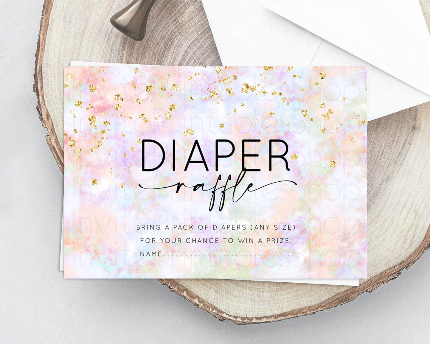 Pastel Diaper Raffle Card Pastel Rainbow Diaper Raffle Insert Colorful Ombre Watercolor Diaper Ticket Confetti Glitter Raffle Game D10649