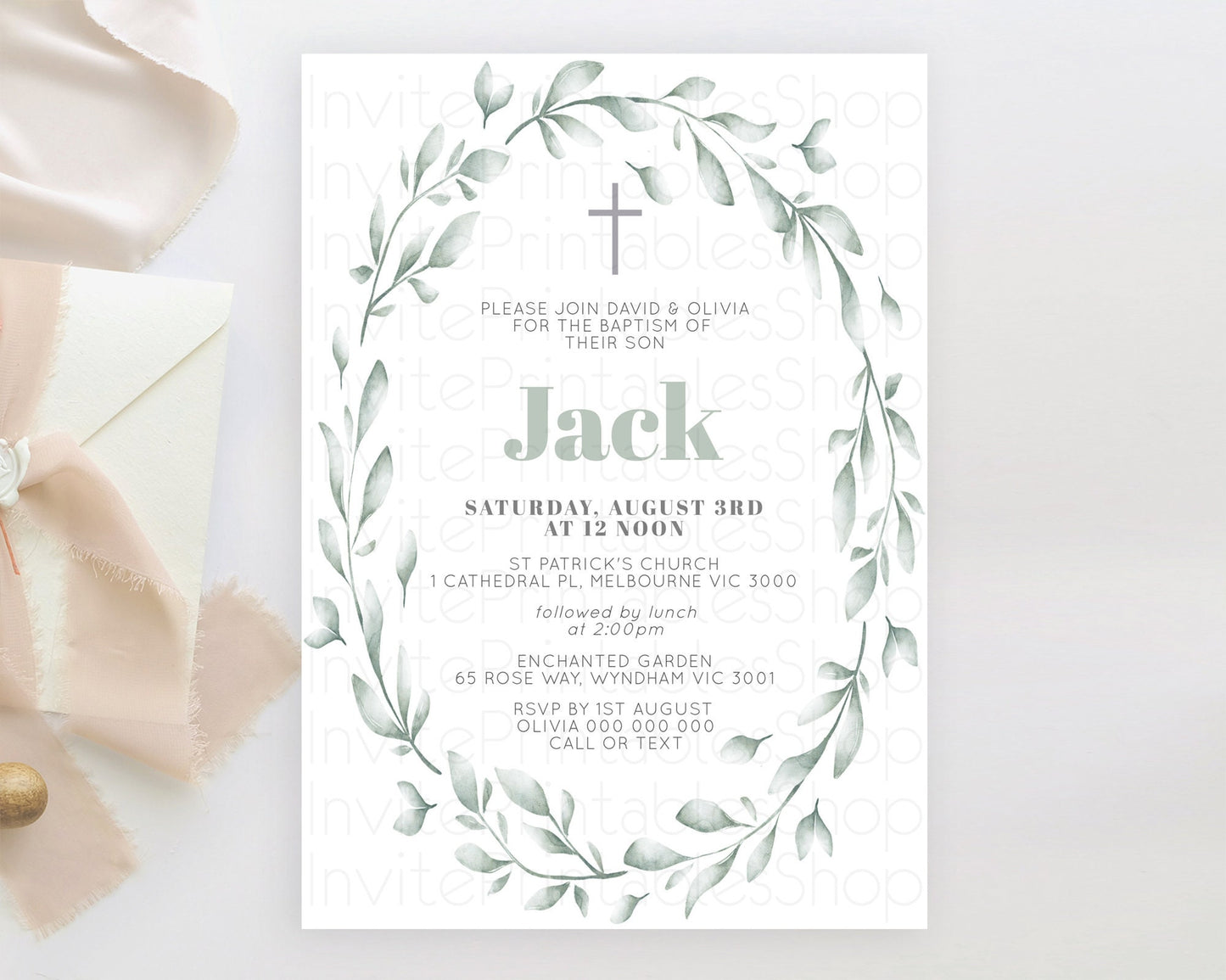 Leafy Baptism Invitation Leafy Simple Greenery Baptism 1st Birthday Invitation Eucalyptus Fern Spray Leaves Green Leaf Watercolour D11009