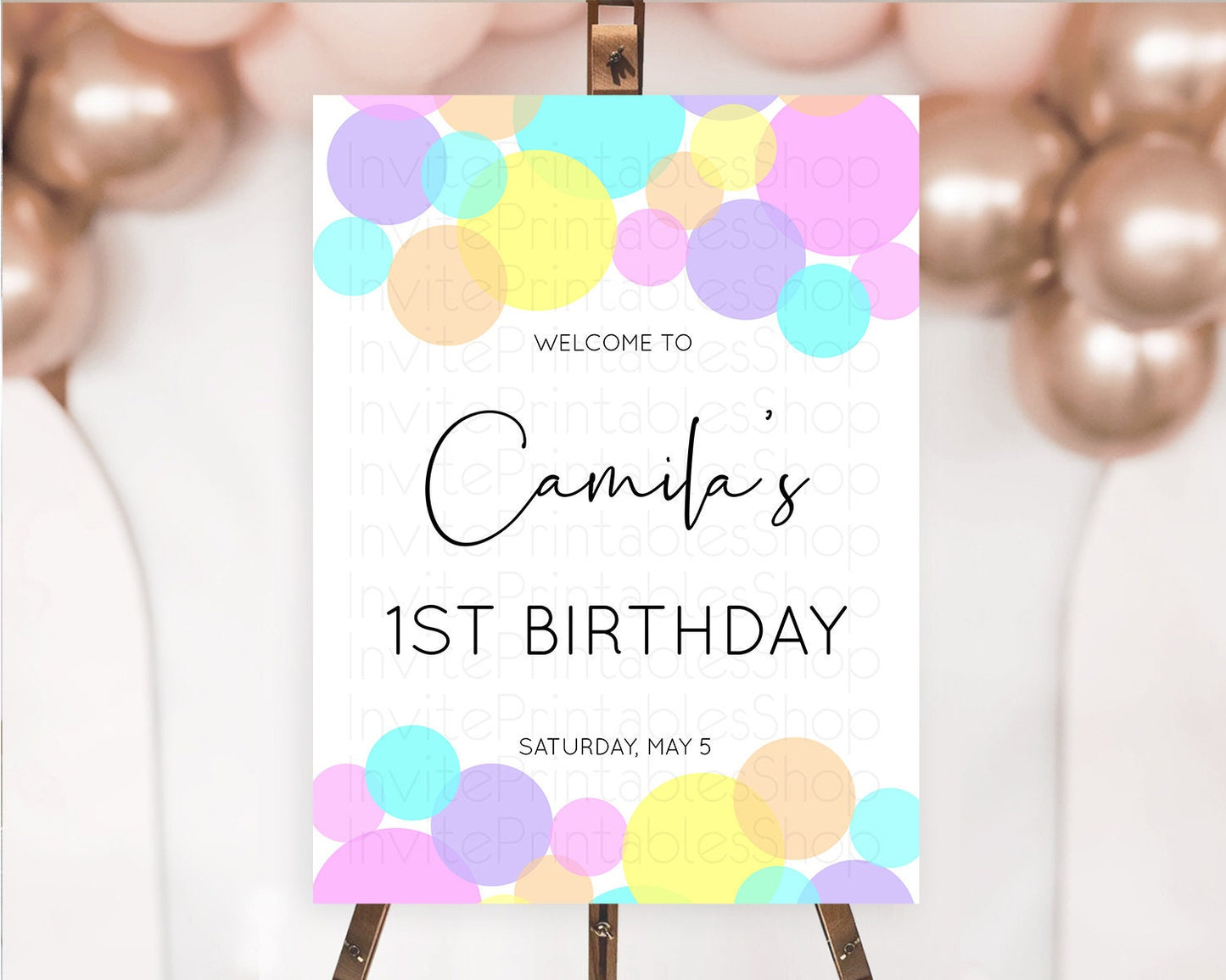 Rainbow Welcome Sign Pastel Welcome Board Pastel Rainbow Confetti Welcome Sign Colorful Bubbles Pastel First Birthday Welcome Sign D10406